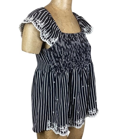 Savanna Jane BOHO Smocked Embroidered Peplum Ruffle Top Black & White Sz M #244C - Picture 3 of 9